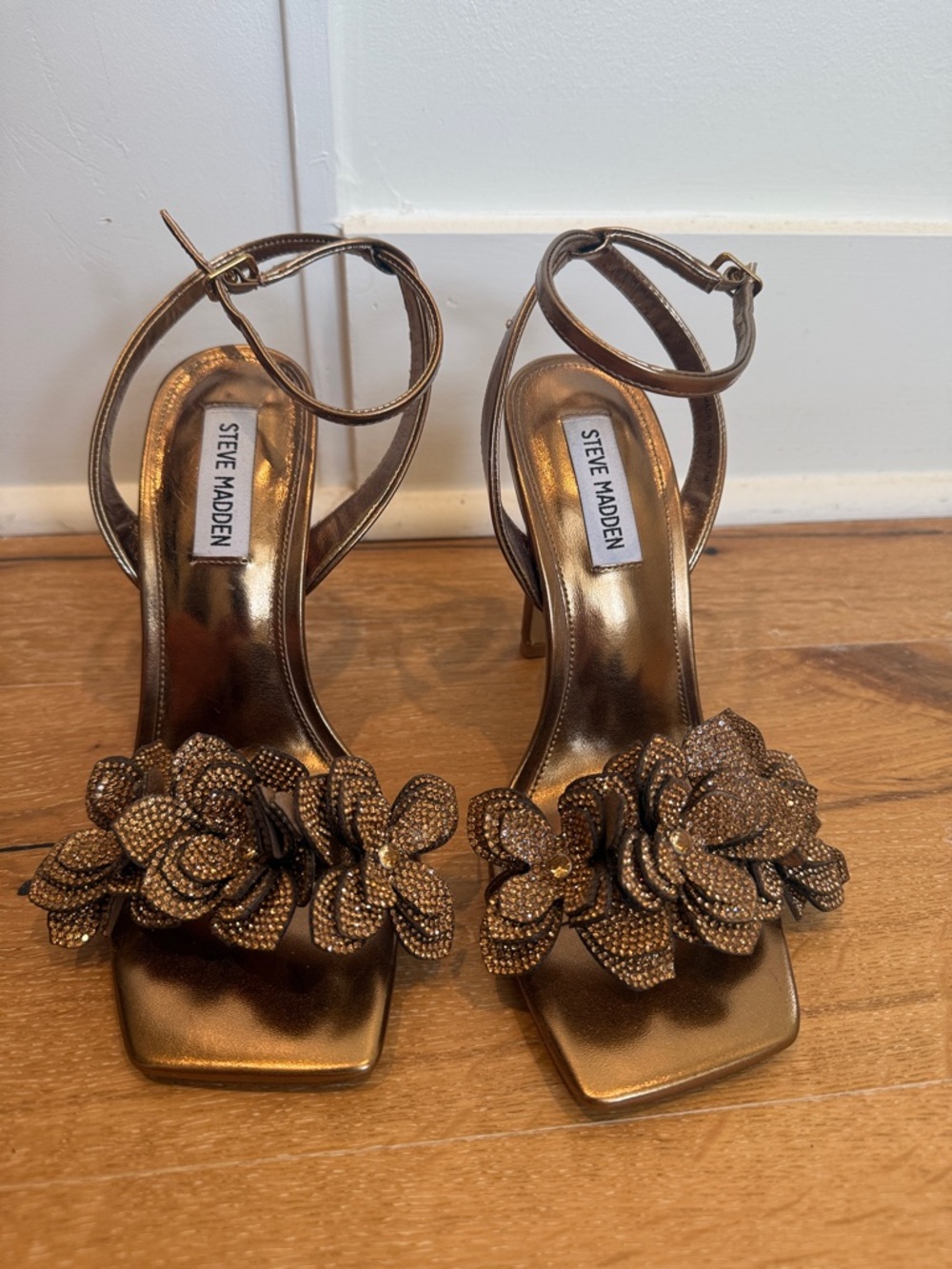 Steve Madden Bronze Floral Embellished Ankle-Strap Heels